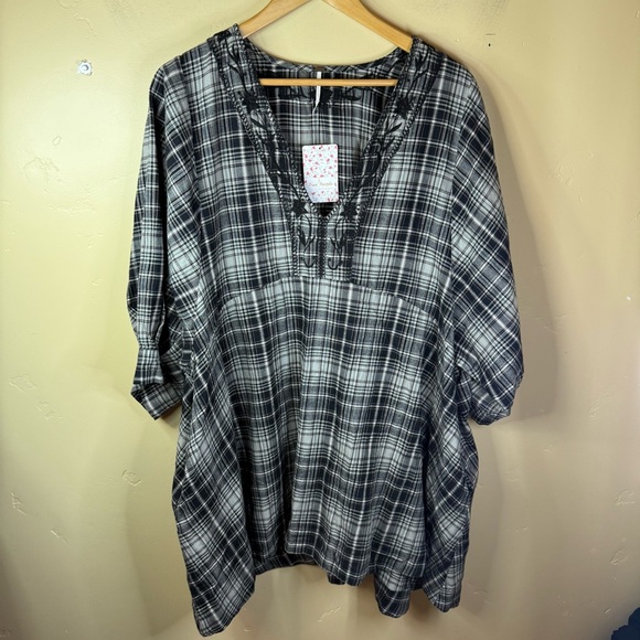 NWT Free People Size Large Embroidered Plaid Flannel‎ Mini Dress Pockets Grunge - Picture 1 of 11